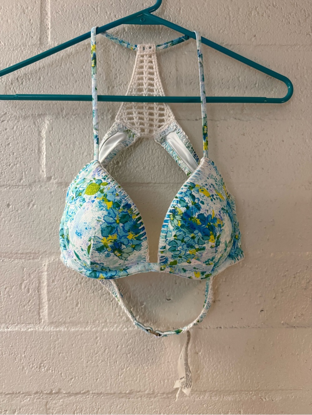 Victoria's Secret White Bikini Top with Blue and Green Floral Print